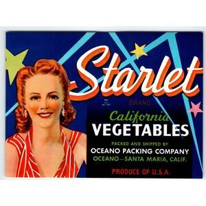 Starlet California Vegetables Lovely Lady Vintage Crate Label Original 1950's